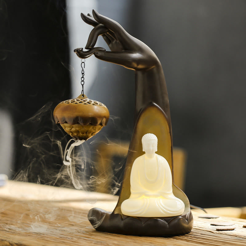 Buddha Light Led Buddha Hand Backflow Smoke Fountain Healing Ceramic Stick Incense Burner Decoration - Buddha Hand