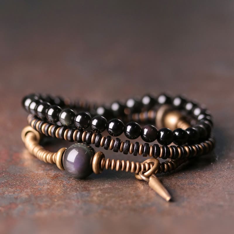 Buddha Light Rainbow Obsidian Ebony Wood Copper Healing Triple Wrap Bracelet - Zen Person Shop