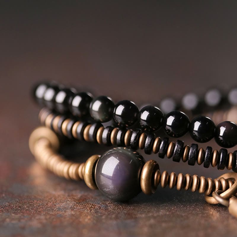 Buddha Light Rainbow Obsidian Ebony Wood Copper Healing Triple Wrap Bracelet - Zen Person Shop