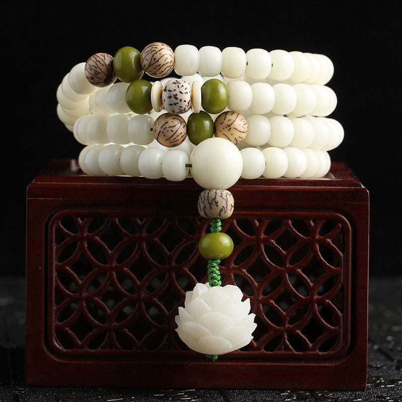 Buddha Light White Jade Bodhi Lotus Mala Harmony Necklace Bracelet - Zen Person Shop