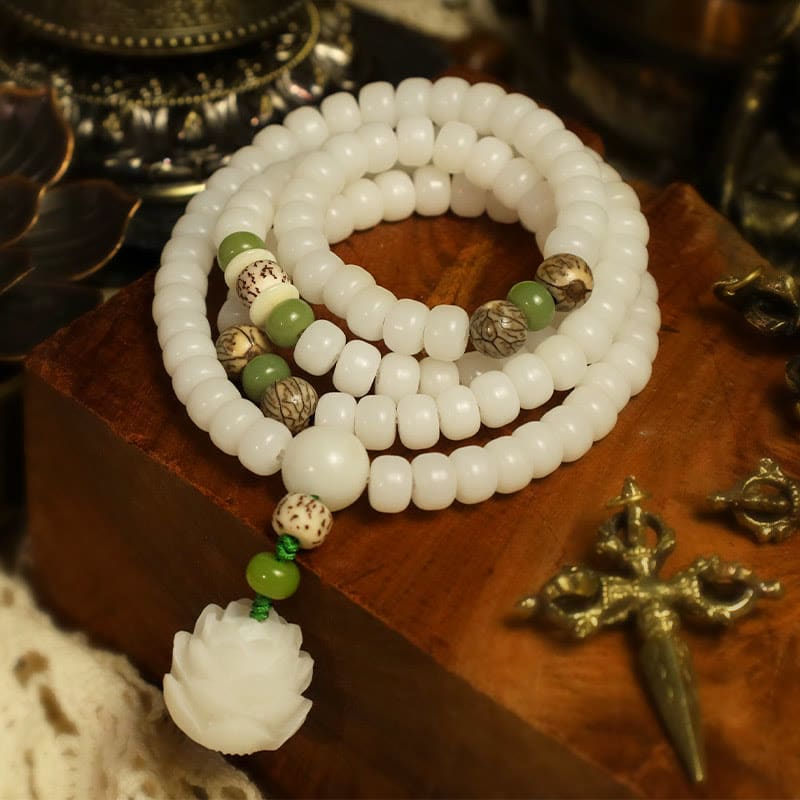 Buddha Light White Jade Bodhi Lotus Mala Harmony Necklace Bracelet - Zen Person Shop